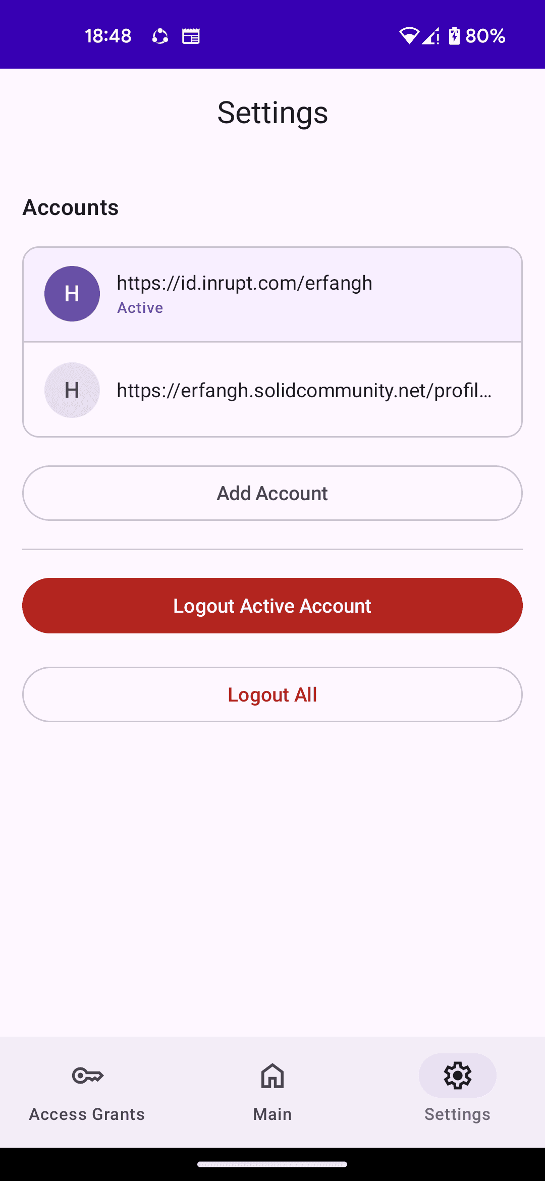 Two Solid accounts signed in at once, one marked active