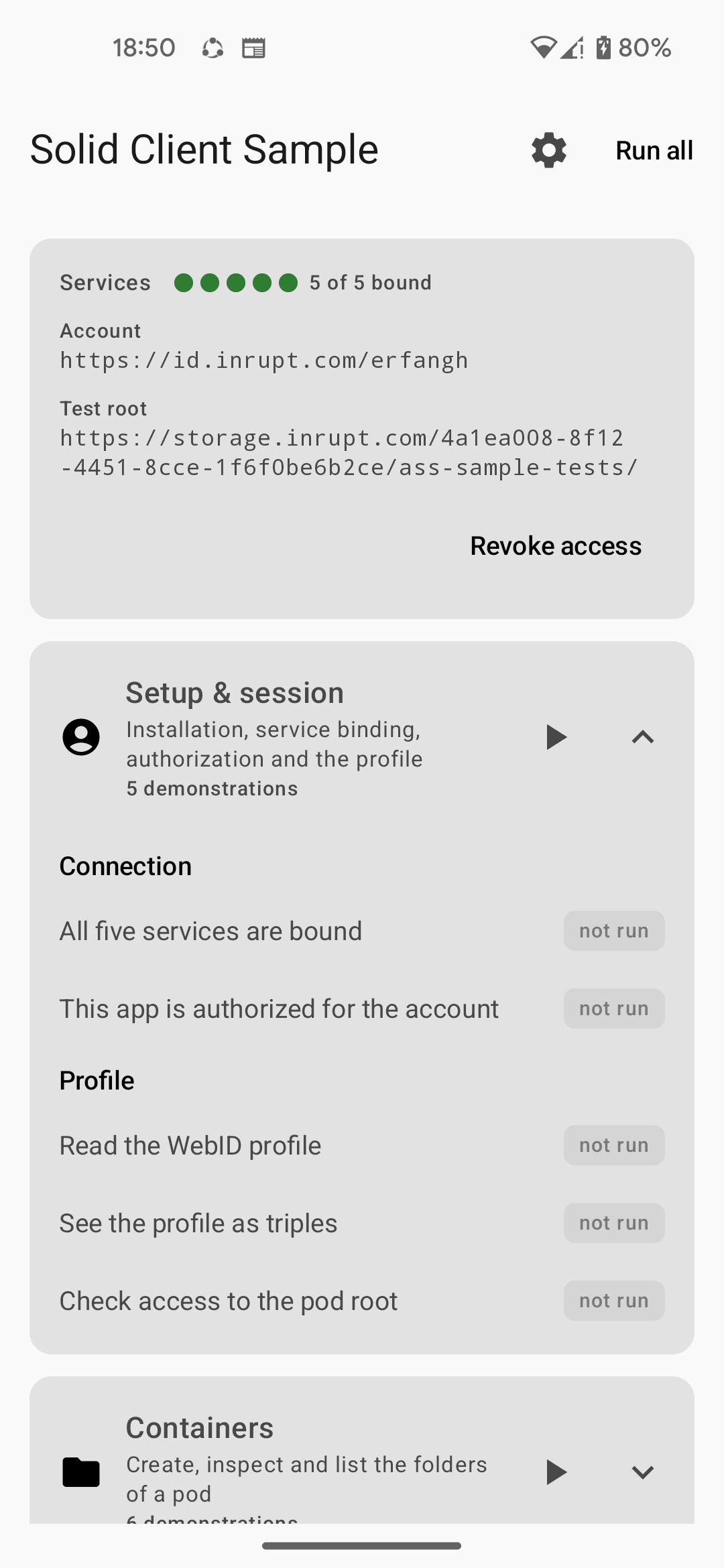 The client sample app with all five IPC services bound, listing its demonstrations
