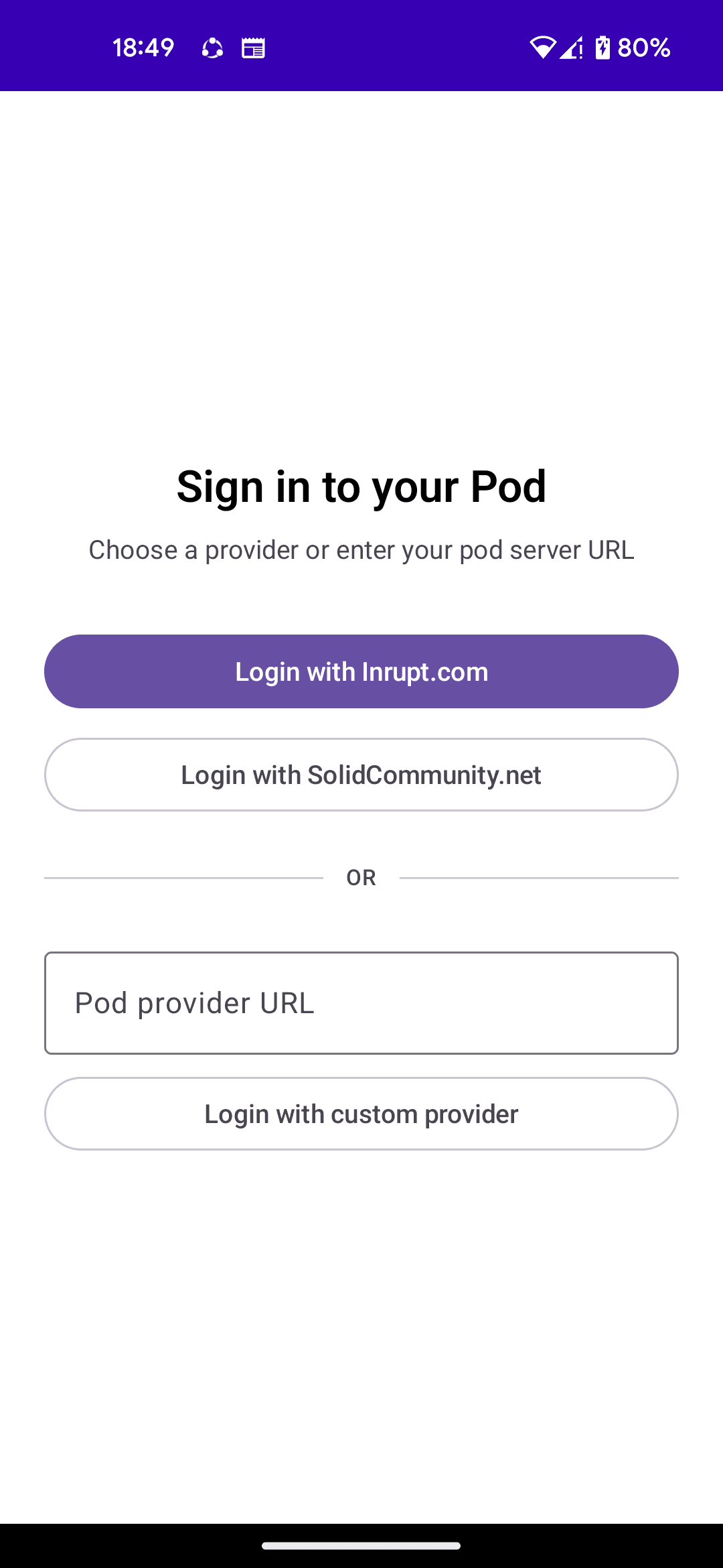 Choosing a pod provider, or entering a custom pod server URL