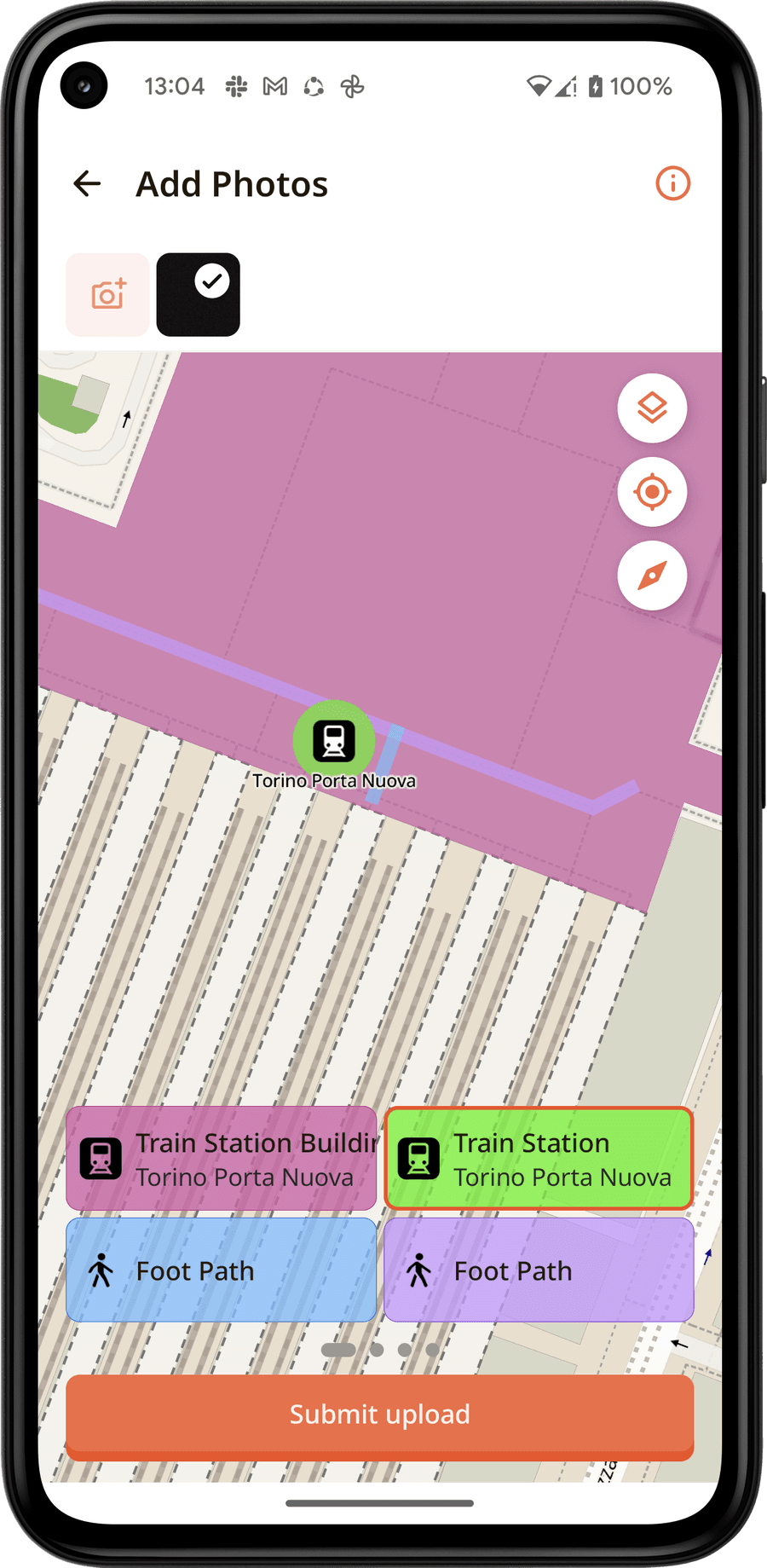 The add-photos flow at Torino Porta Nuova, choosing the map feature to attach to