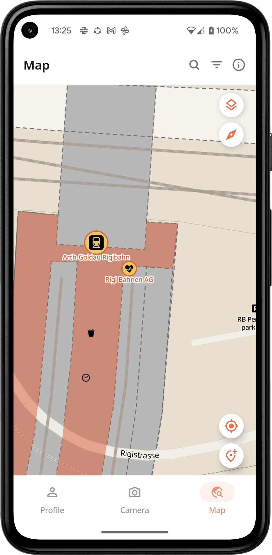 The explore map with place markers around a Swiss train station