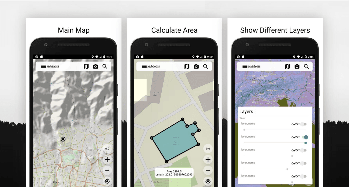 The MobileGIS banner from my LinkedIn — the map, area measurement, and layer toggles