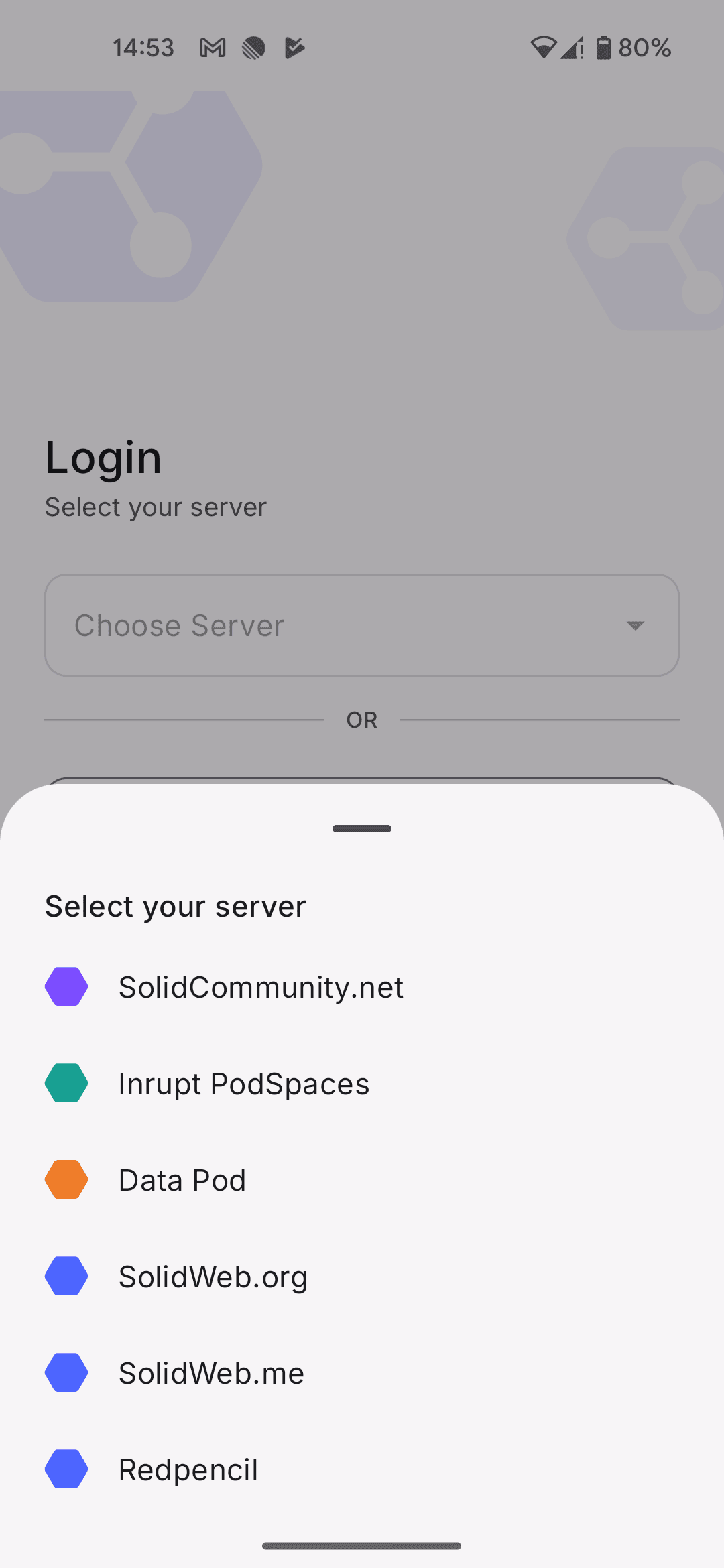 The login screen listing pod providers and a custom server option
