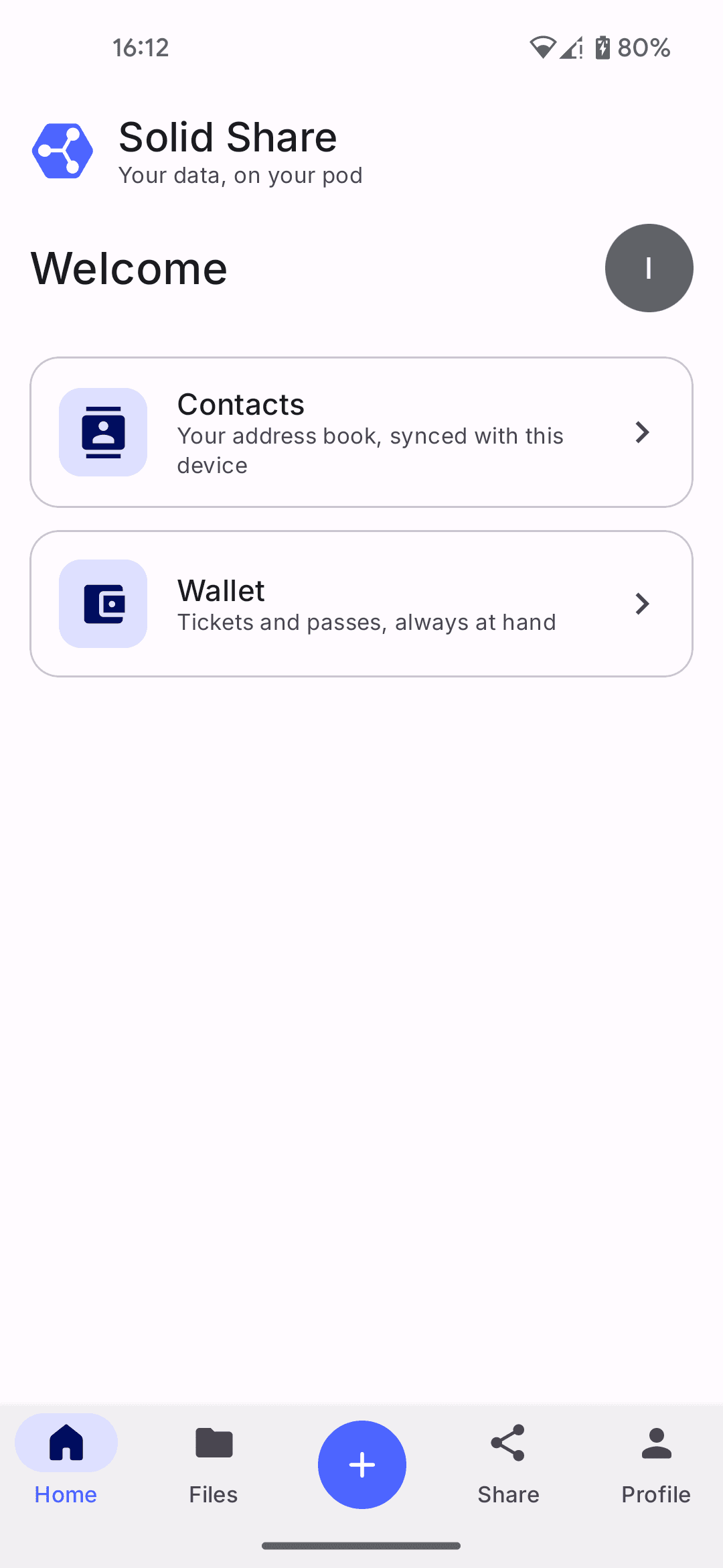 The home hub with Contacts and Wallet cards
