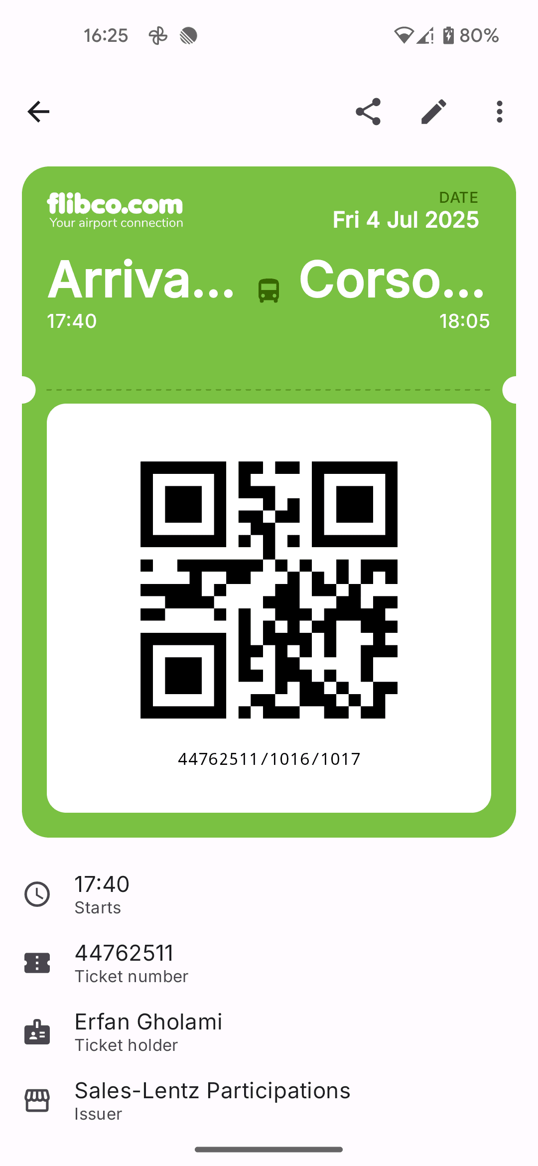 A real bus ticket rendered as a wallet pass with issuer branding and QR code