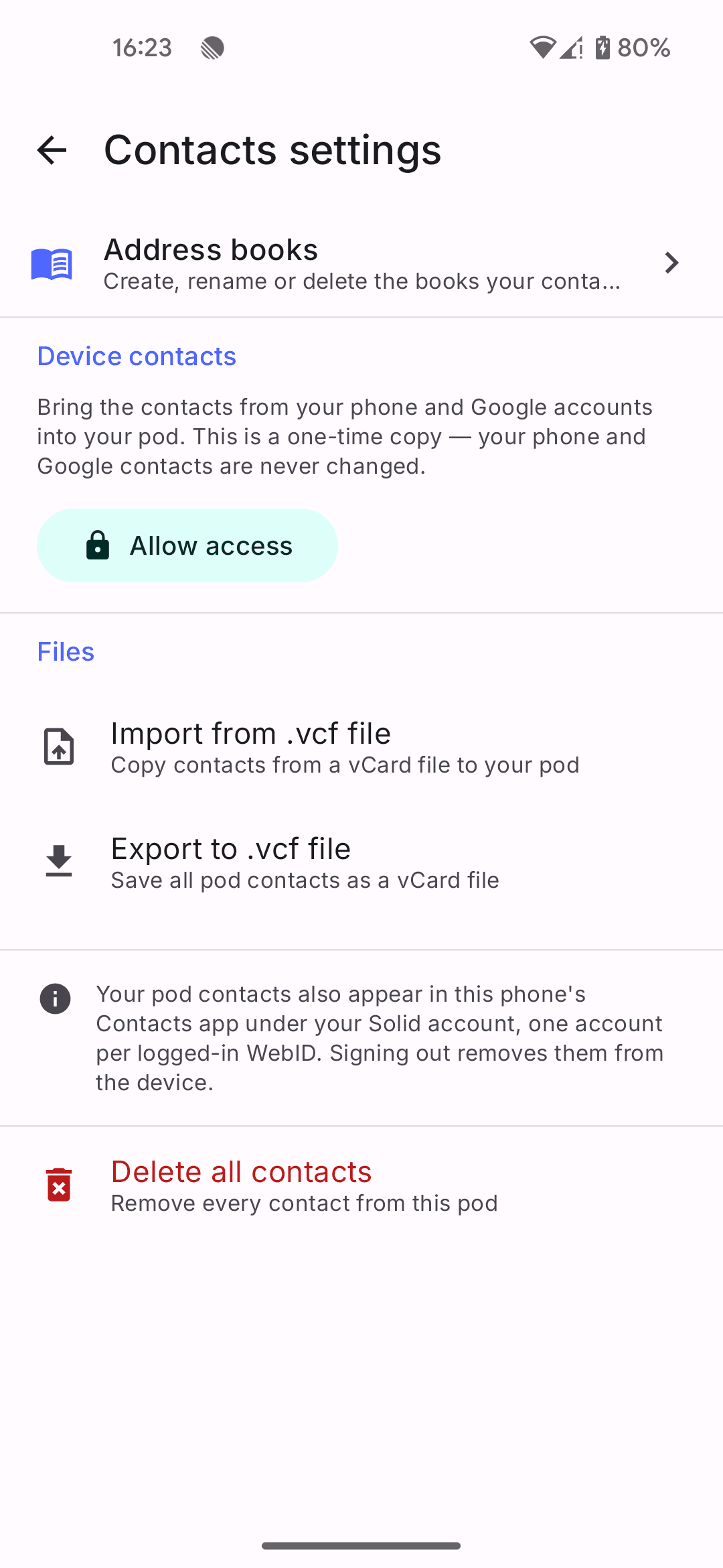 Contact sync settings between the pod and the device